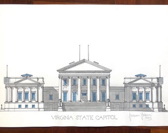 Virginia State Capitol Watercolor, Richmond USA, Signed A3 Print
