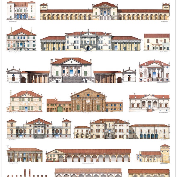 Die 32 Villas von Andrea Palladio in einem großen Druck/Reproduktion meiner Original-Aquarelle, vom Autor signiert. Größe: 45x90 cm