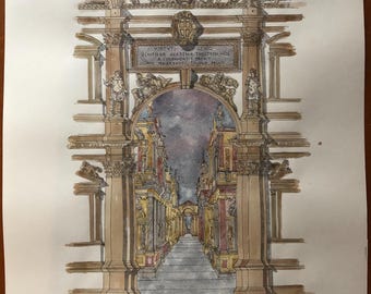 Palladio's Olympic Theatre Watercolor Drawing, Vicenza Italy, A3