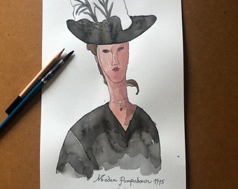 Modigliani Madame Pompadour Watercolor Ink Drawing, 2024