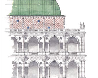 Basilica Palladiana Vicenza Sketch, Pencil Watercolour Architectural Drawing (A3)