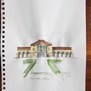 Puede incluir: Una pintura de acuarela de un edificio con un techo rojo y columnas. El edificio está etiquetado como "Villa Eynard Fanzolo" y la pintura está firmada "Frederici 2020".