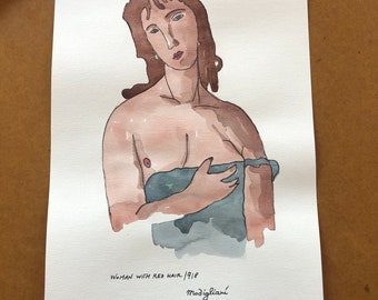 Modigliani Woman with Red Hair, Watercolor Ink Drawing (7 1/2x14 1/4)