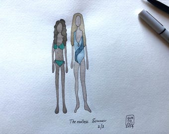 India Ink and Watercolor original, Girls Swim, size A4 Art