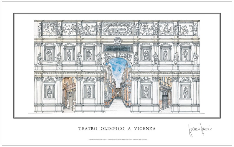 Small Palladio poster 20x12.5in the Olympic Theater in Vicenza Signed by author image 1