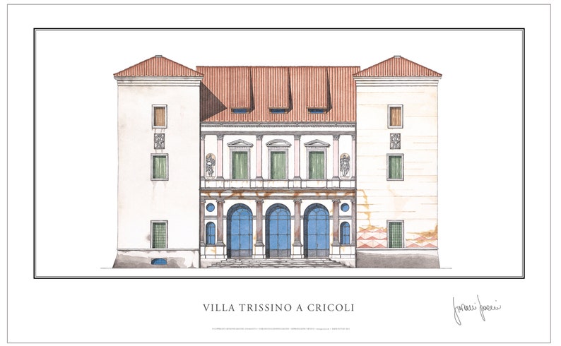 Small Andrea Palladio print 20x12.5in Villa Trissino at Cricoli Vi, Signed by author image 1