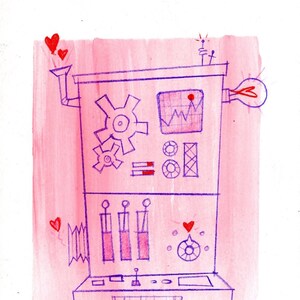 Máquina de amor / saludo, tarjeta, ilustración, obra de arte original