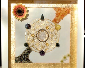 JOY & SUCCESS, Crystal Grid, framed crystal art, house warming, sacred geometry, energy infused art, crystals