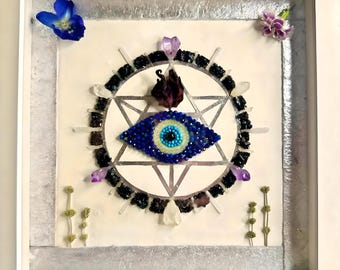 PROTECTION, Crystal Grid, framed crystal art, house warming, sacred geometry, energy infused art, crystals