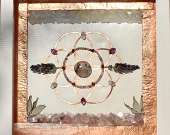 MEDITATION, Crystal Grid, framed crystal art, house warming, sacred geometry, energy infused art, crystals