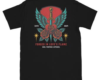 Camiseta Forged in Love's Flame - Camiseta con alas de ángel - Camiseta con tatuaje tradicional - Ropa cristiana para hombre - Camiseta cristiana para gimnasio - Camiseta cristiana unisex