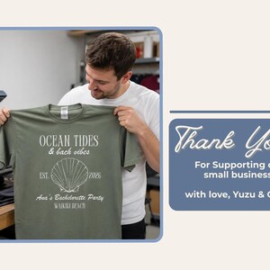 A man holding up a green t-shirt with Ocean Tides and back vibes text next to a thank you message for supporting a small business.