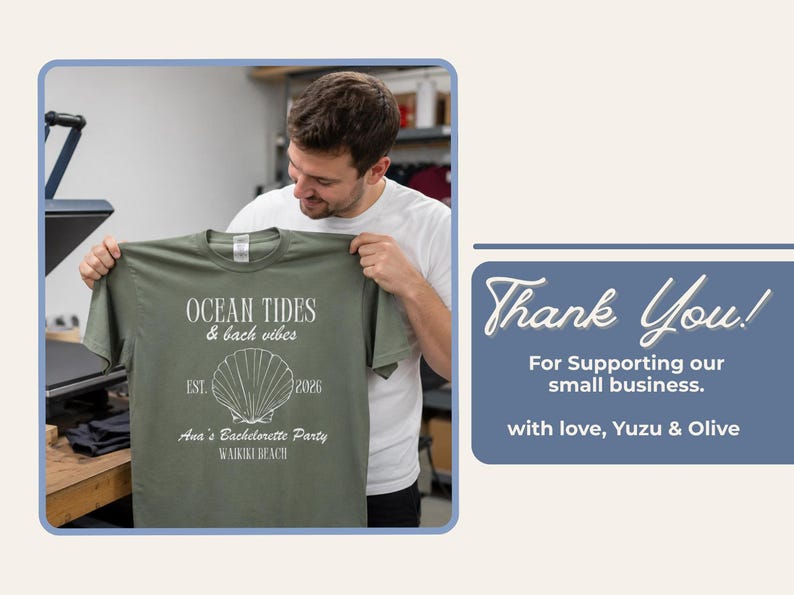 A man holding up a green t-shirt with Ocean Tides and back vibes text next to a thank you message for supporting a small business.
