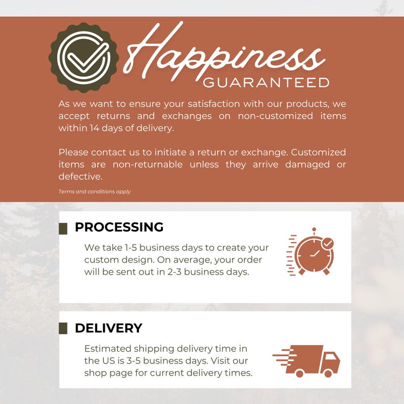 Pu&ograve; includere: Immagine con il testo "Happiness GARANTITA" e informazioni su resi, cambi, tempi di elaborazione (1-5 giorni lavorativi) e tempi di consegna (3-5 giorni lavorativi).