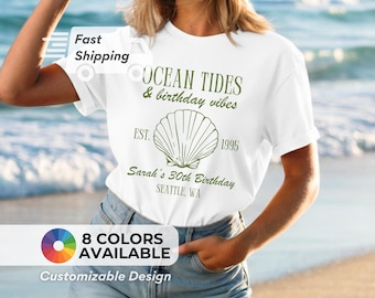 Beach Birthday Shirt Personalized Seashell Tee Custom Vacation Top Coastal Birthday Outfit Summer Celebration Wear Seaside Party Clothing