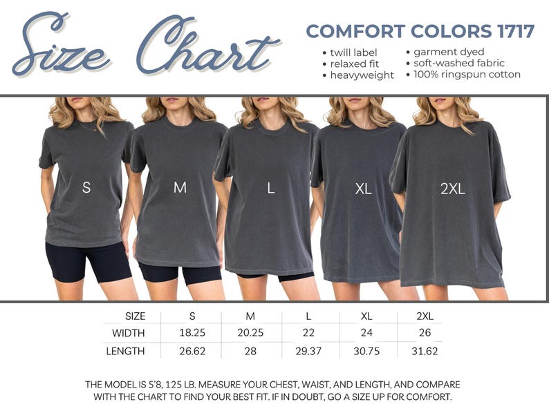 A size chart showing a model wearing a dark gray t-shirt in five different sizes from S to 2XL, alongside width and length measurements.