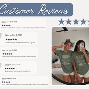 A customer reviews display featuring five-star ratings, text feedback, and a photo of two women wearing matching green t-shirts in a mirror selfie.