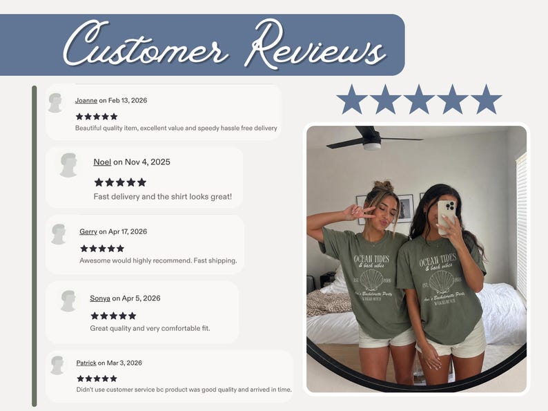 A customer reviews display featuring five-star ratings, text feedback, and a photo of two women wearing matching green t-shirts in a mirror selfie.