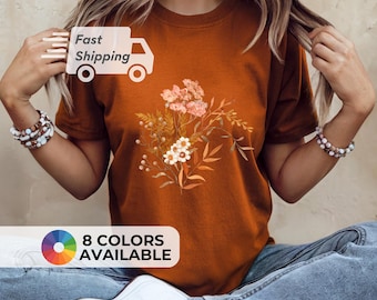 Maglietta floreale da donna con bouquet di fiori autunnali in stile boho, stampa botanica vintage con fiori selvatici, stile cottagecore