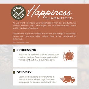 May include: A graphic with the words "Happiness Guaranteed" and information about returns, exchanges, processing, and delivery times. The text is on a brown background with a white and brown logo.