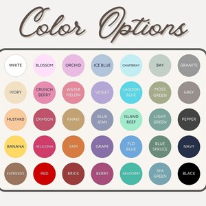 A color options chart displaying thirty-five named circular swatches of various t-shirt fabric colors.