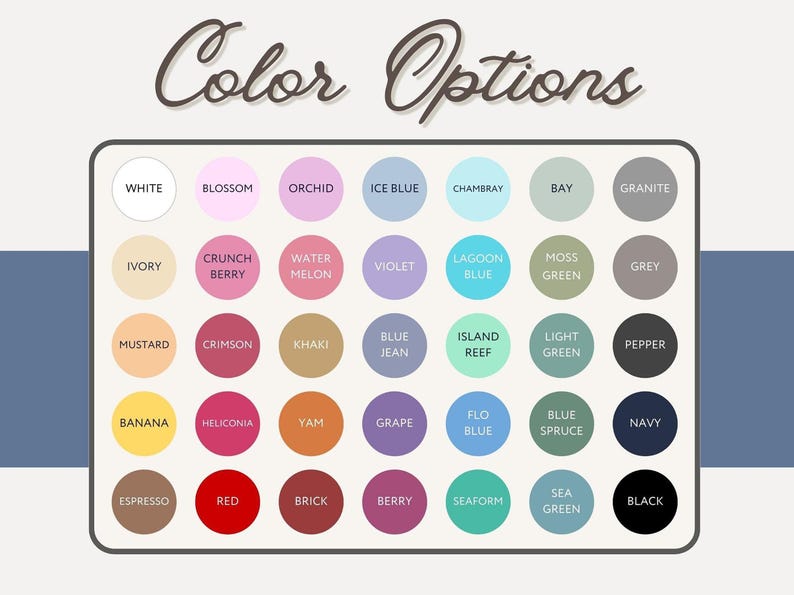 A color options chart displaying thirty-five named circular swatches of various t-shirt fabric colors.