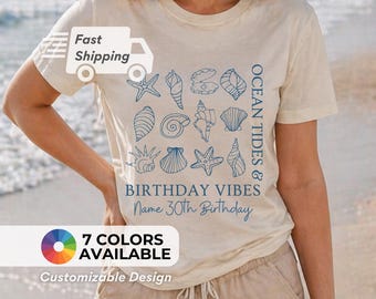 Maglietta per compleanno in spiaggia, festa estiva, vestito per festa in spiaggia, maglietta personalizzata per età, tema oceano, abbigliamento per compleanno, design costiero, stile nautico
