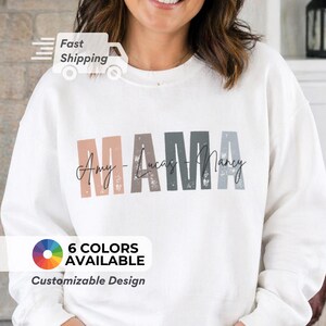 Mama Sweatshirt Personalized Mom Pullover Mother Day Gift Custom Name Shirt Children Text Clothing Gradient Colorful Mommy Top White