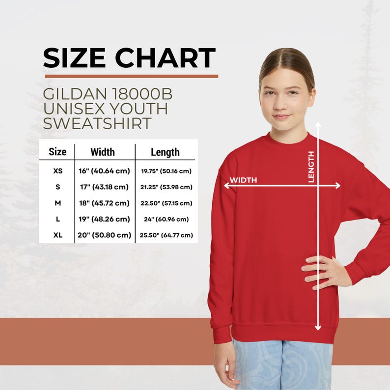 May include: A red Gildan 18000B unisex youth sweatshirt. The image includes a size chart with measurements in inches and centimeters. The chart details the width and length for sizes XS to XL.