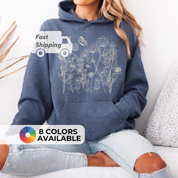 Wildflower Pullover Hoodie Botanical Drawing Floral Graphic Cotton Polyester Kangaroo Pocket Nature Inspired Clothing Vintage Flower Shirt