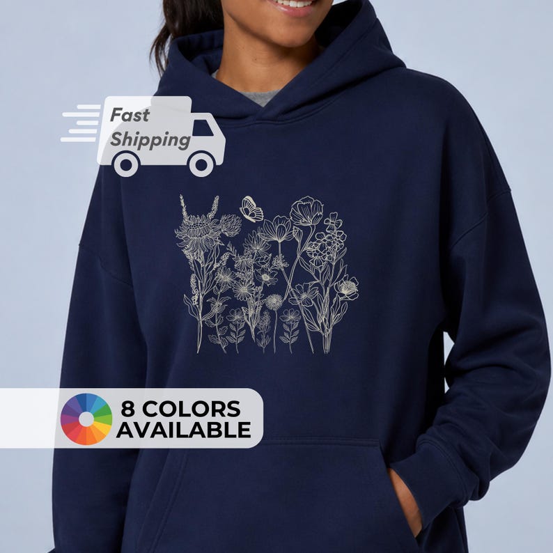 Wildflower Pullover Hoodie Botanical Drawing Floral Graphic Cotton Polyester Kangaroo Pocket Nature Inspired Clothing Vintage Flower Shirt