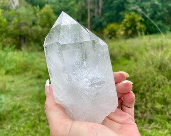 May include: A clear quartz crystal point with a faceted top. The crystal is held in a hand against a backdrop of green foliage. The crystal is a light, translucent color.