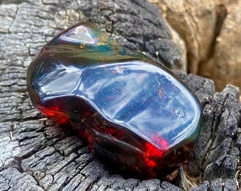May include: A polished, irregular piece of amber displaying a deep, translucent red base color that transitions into a dark, reflective blue surface sheen. The stone features a smooth, undulating texture with visible internal inclusions.