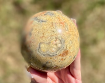 May include: A polished, spherical stone with a mottled pattern of tan, brown, and gray hues. The stone has a smooth, glossy surface and is held in a hand, with a blurred background of green and brown.