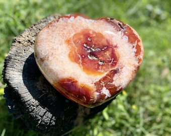 May include: A heart-shaped carnelian crystal with a deep orange and red center surrounded by a white band. The crystal is polished and smooth.