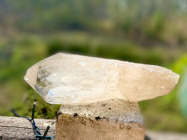 May include: A clear quartz crystal with a pointed tip and a rough, textured surface. The crystal is resting on a weathered wooden post, with a blurred green background. The crystal is a light, translucent color.