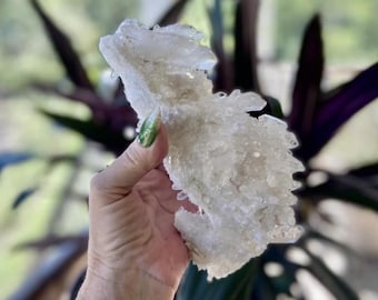 May include: A large, white, crystal cluster with a unique, organic shape. The cluster is made up of many small, pointed crystals that are clustered together.