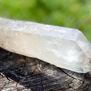 May include: A clear quartz crystal, elongated and faceted, rests on a weathered wooden surface. The crystal's translucent quality allows light to pass through, highlighting its natural form. The background is a soft green, suggesting an outdoor setting.