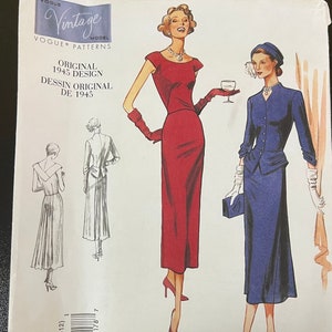May include: Vintage Vogue sewing pattern for two dresses. The pattern is for sizes 6-8-10-12. The first dress is red and the second dress is blue. The pattern is from 1945.