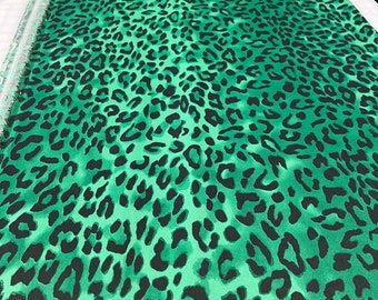 Green Leopard Stretch Satin Fabric BTY