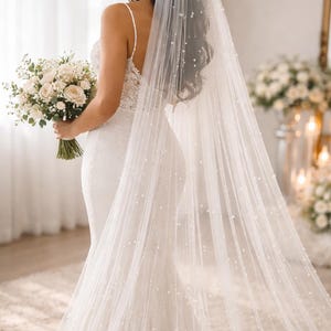 Long Beaded Pearl Veil Soft Chapel Wedding Veil Scattered Beaded Pearl Veil Cathedral Length Single Layer Veil with Comb Soft White Tulle