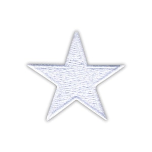 May include: A white, embroidered star patch with a five-pointed design. The patch has a textured appearance, with visible stitching creating the star shape. The star is set against a plain white background, creating a clean and simple aesthetic.