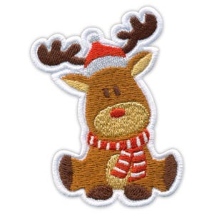 May include: Embroidered patch of a cartoon reindeer wearing a red and white striped scarf and a Santa hat. The reindeer is brown with a red nose and brown antlers. The patch has a white border.