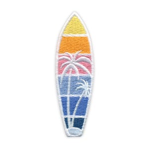 May include: Embroidered surfboard patch with a sunset design in yellow, orange, pink, blue, and white. The patch depicts palm trees and a gradient sky, creating a tropical beach scene.