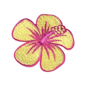 May include: Embroidered yellow hibiscus flower patch with pink detailing. The flower features a detailed design with pink outlines and a pink centre. The patch is likely for clothing or accessories.