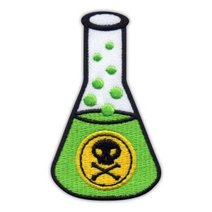 May include: Embroidered patch featuring a green flask with a black outline. The flask contains green liquid and bubbles, with a yellow circle at the bottom displaying a skull and crossbones symbol. The patch is designed for application on clothing or accessories.