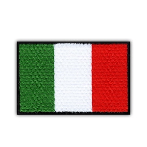 May include: Embroidered patch featuring the Italian flag. The rectangular patch has three vertical stripes: green on the left, white in the center, and red on the right. The flag is bordered by a black edge.