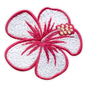 May include: Embroidered white hibiscus flower patch with a vibrant pink outline and center. The flower's petals are white with pink accents, and the stamen is a mix of pink and yellow. This floral patch is ideal for adding a tropical touch to clothing or accessories.