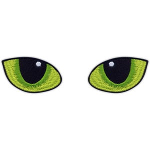 May include: Embroidered patches featuring a pair of cat eyes. Each eye has a black pupil with a white highlight, surrounded by a vibrant green iris. The patches are designed with a detailed, stitched texture.