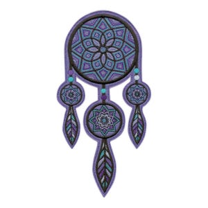 May include: A purple dreamcatcher with intricate embroidered details. The design features a central circular web with a floral pattern, surrounded by smaller circles and feather-shaped pendants. The color palette includes shades of purple, teal, and black.